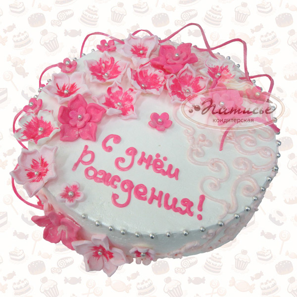 Одноярусный торт с цветами из мастики
