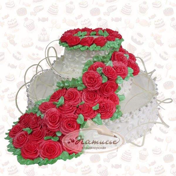 Свадебный торт №2: три яруса, белый с алыми розами, сливки, фото, цена - заказ, доставка по Перми