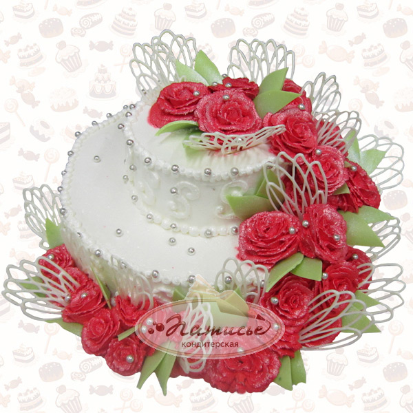 Свадебный торт №3: три яруса, белый с алыми розами, сливки, фото, цена - заказ, доставка по Перми