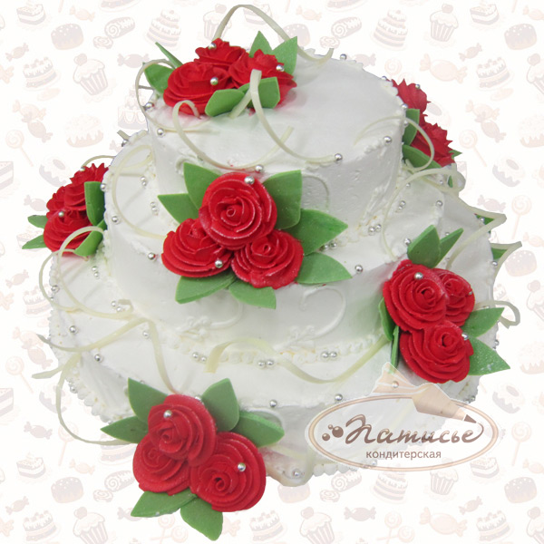 Свадебный торт №352: три яруса, белый с красными розами, сливки, фото, цена - заказ, доставка по Перми