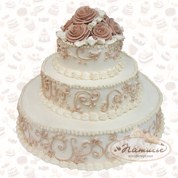 Свадебный торт со сливками, без мастики: три яруса, белый с бежевыми розами - фото, цена, заказ, доставка по Перми