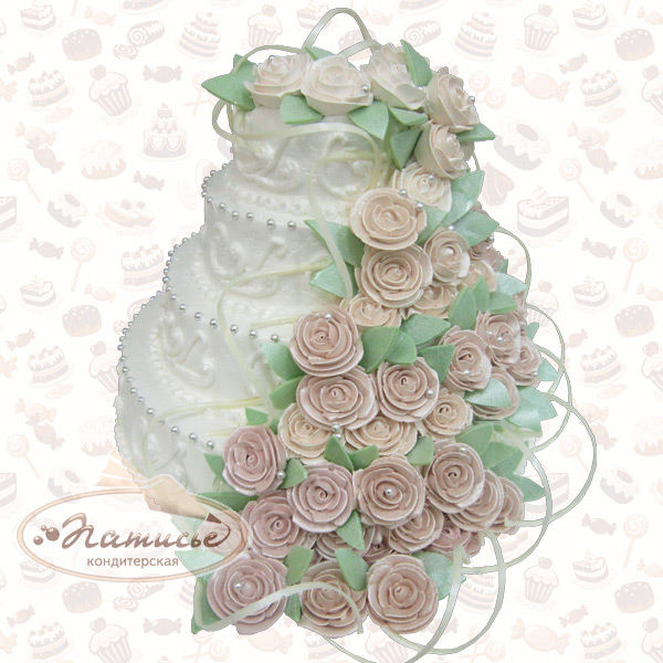 Четырехъярусный свадебный торт украшен темно-кремовыми розочками, расположенными каскадом, - заказ, доставка по Перми