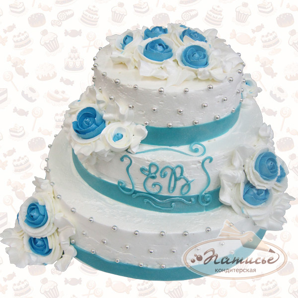 Трехъярусный свадебный торт с небесно-голубыми розами и бирюзовыми лентами - фото, цена, заказ, доставка по Перми