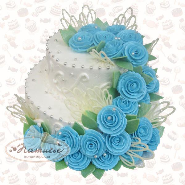 Двухъярусный свадебный торт с небесно-голубыми розами, расположенными каскадом, - фото, цена, заказ, доставка по Перми