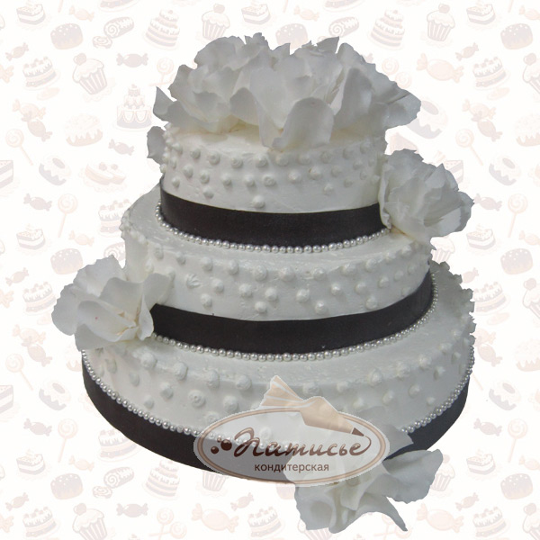 Трехъярусный свадебный торт с цветами из мастики и лентами, перетягивающими каждый ярус, - фото, цена, заказ, доставка по Перми