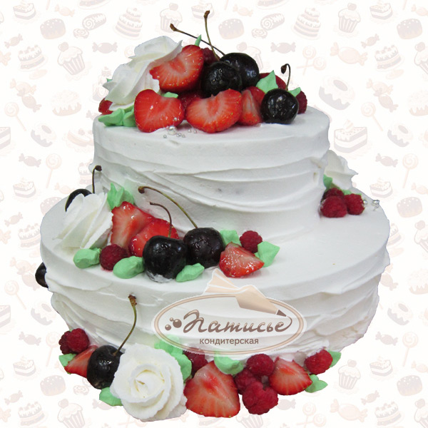 Свадебный торт без мастики: два яруса украшены белоснежным кремом и фруктами - фото, цена, заказ, доставка по Перми