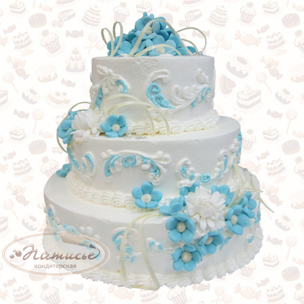 Свадебный торт из мастики и сливок: три яруса, украшен нежными бутонами незабудок - фото, цена, заказ, доставка по Перми