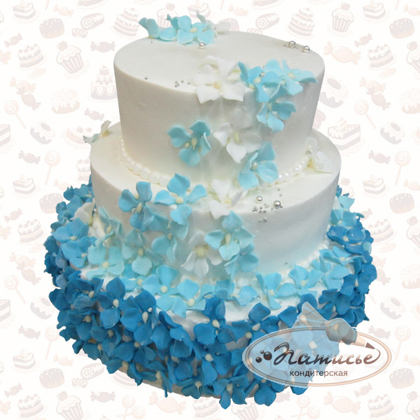 Торт на свадьбу: бело-сине-голубой, три яруса, украшен мелкими цветами - фото, цена, заказ, доставка по Перми