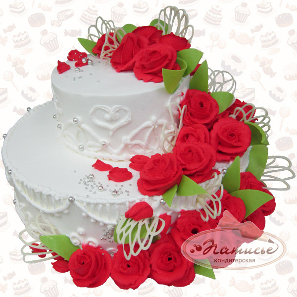 Двухъярусный свадебный торт украшен розочками, расположенными каскадом на белоснежной основе из сливок, - заказ, доставка по Перми