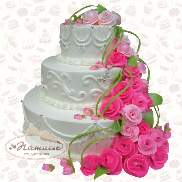 Трехъярусный свадебный торт украшен розочками, расположенными каскадом на белоснежной основе из сливок, - заказ, доставка по Перми