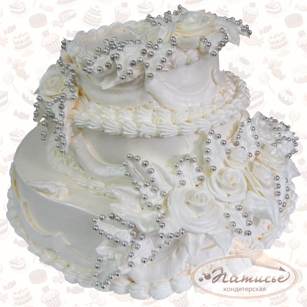 Свадебный торт №7: два яруса, белые розы, серебряные бусины - фото, цена, заказ, доставка по Перми