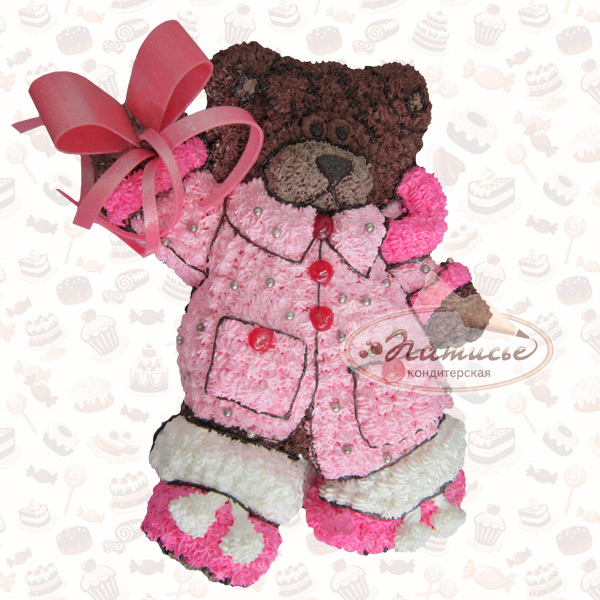 Фигурный торт в виде медведя в розовом халатике - фото, цена, заказ, доставка по Перми